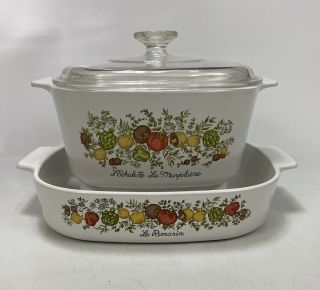 Vtg Corning Ware 2 Spice Of Life Casseroles A - 3 - B,  A - 10 - B With 1 Pyrex Lid