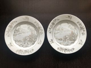 Pair Antique 18th C Chinese Qianlong Export Grisaille Plates European Merchants