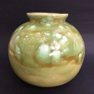 Vintage Studio Pottery Vase Round Green Tan White Drip Glaze Unmarked