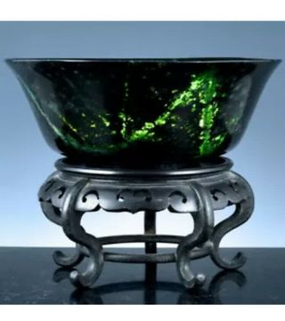 Large Antique Chinese Carved Spinach Jade Moss Agate Stone Serving Bowl W Stand