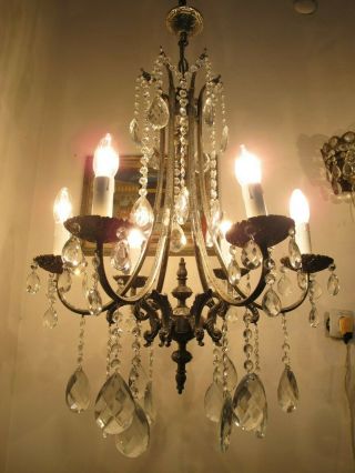 Antique Vnt French 6 Arms Brass Crystal Chandelier Lamp 1940 