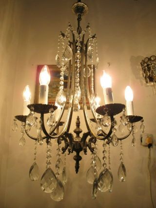 Antique Vnt French 6 Arms Brass Crystal Chandelier Lamp 1940 ' s 20in Ø diametr - - 2