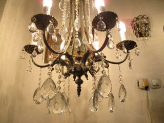 Antique Vnt French 6 Arms Brass Crystal Chandelier Lamp 1940 ' s 20in Ø diametr - - 3