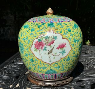 Chinese 19th C Qing Dynasty Famille Rose Ginger Jar,  Yellow And Green,  Vase