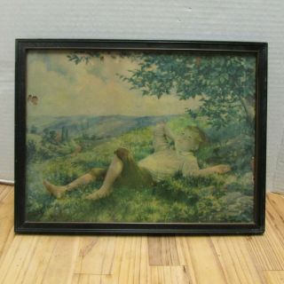 Vintage Print Of Young Boy Daydreaming Under Tree Bucolic Pastoral Scene 12 X 10