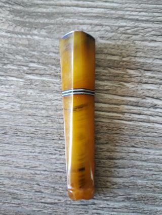French Silver Band Butterscotch Amber Cigarette Holder In Leather Case