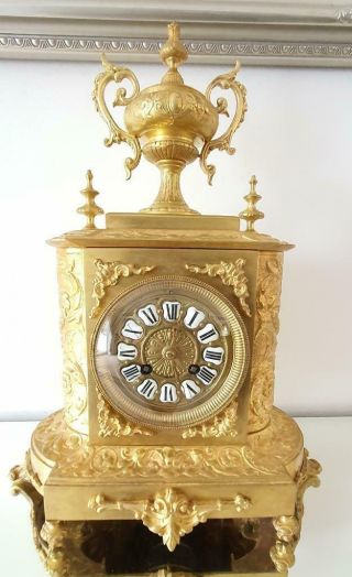 Antique 19th C French Gilt Embossed Bronze Mantle Clock