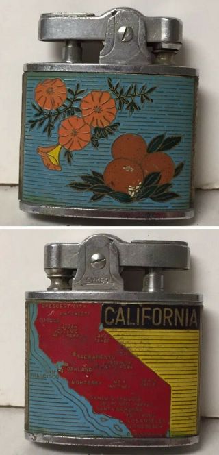 Vtg Flat Enamel Lighter Map Of California/ State Flower And Oranges