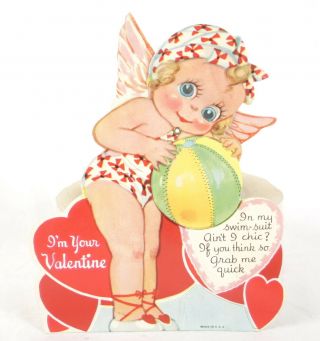 Vintage C1930 - 40s Mechanical Valentine Greeting Card - Girl Wings And Beach Ball