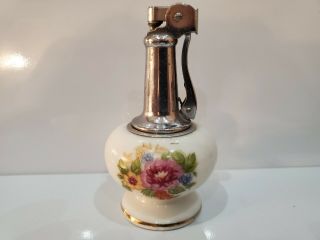 Vintage Dac Fine China Flowers Hand Painted Silver Tone Table Lighter