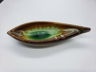 Vintage Mid Century Modern Ceramic Pottery Ashtray Brown Green Leaf Shaped