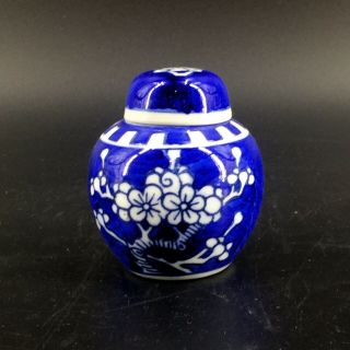 Vintage Miniature Lidded Chinese Ginger Jar Blue White Cherry Blossoms 2.  5 " Tall