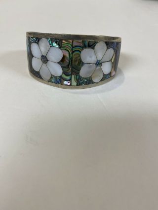 Abalone Alpaca Silver Flower Shell Inlay Mexico Southwest Cuff Bracelet Vintage