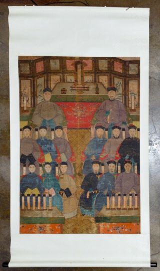 Large Antique Chinese Ancestor Portrait Painting Scroll On Fabric,  19th Century