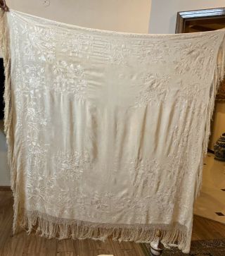 Huge Antique Chinese Hand Embroidered Silk Piano Shawl 62 " X62 " Fringe 14 " Cream