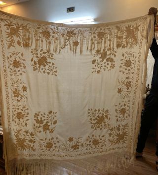 Huge Antique Chinese Hand Embroidered Silk Piano Shawl 62 
