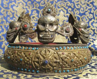Antique Master Quality Handmade Tibetan Tantrik Oracle Skull Crown Cap.  Nepal