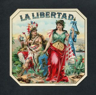 Old La Libertad Cigar Label - Two American Women,  Flag,  Ship,  Tobacco