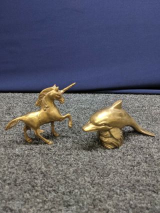 2 Vintage Heavy Solid Brass Figurine Dolphin Mythical Unicorn Animal Sea Ocean