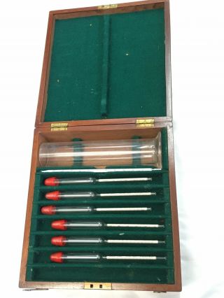 Vintage Set Of 6 Hydrometer Glass Alcohol Making Home Brew In Wooden Hinged Case