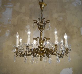 Brass Crystal Chandelier Old Fixture Ceiling Lamp Rare Ornaments 8 Light