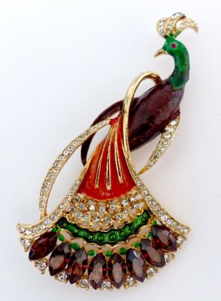 A Vintage 1980s Gold Tone Peacock Brooch With Enamel & Diamantes