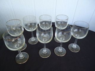 8 Vintage Art Deco Style Crystal Wine Glasses Gold Trim 8 Sides Stems Octogon