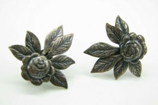 Sterling Silver Vintage Screwback Earrings Stamped Rose Flower Repousse Leaves