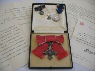 Grouping With Documents Full Size 1946 Cased Sterling Silver Mbe.
