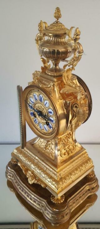 Antique French Mantle Clock Stunning 1880 ' s Rococo Embossed 8 day Gilt Bronze 2