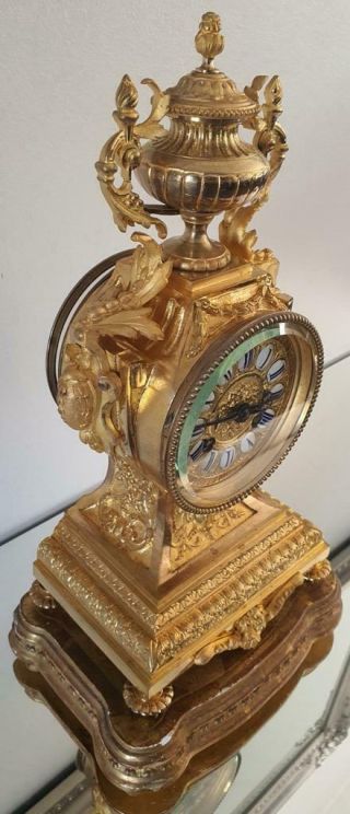Antique French Mantle Clock Stunning 1880 ' s Rococo Embossed 8 day Gilt Bronze 3