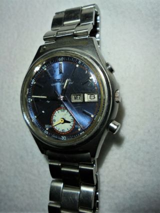 All Vtg Seiko Watch 7016 - 8001 Automatic Flyback Chronograph Blue Dial