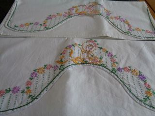 Unusual Hand Embroidered Crinoline Lady Large Vintage Pillowcases,  Shaped Edge