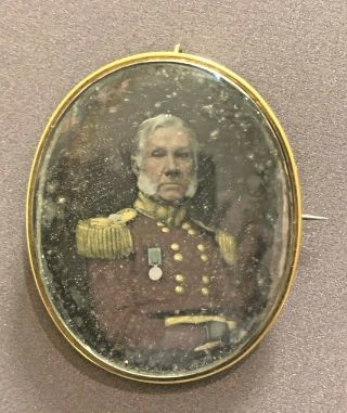 Antique Daguerreotype Of A Military Officer Yellow Metal Mounted Brooch