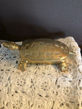 Vintage Brass Turtle Tortoise Figural Trinket Box With Hinged Lid 6 "