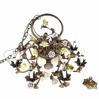 Vintage Italian Tole Chandelier Pink And Yellow Porcelain Roses 8 Lights