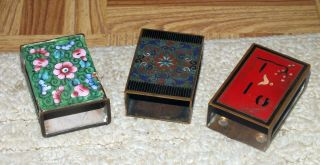 3 Antique Vintage Copper Brass Metal Match Box Holder Enamel 3