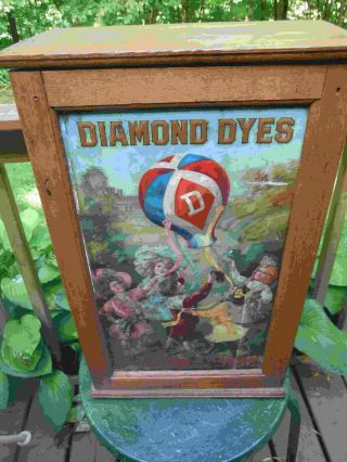 Antique Diamond Dyes Store Counter Cabinet Tin & Oak “children W/ Balloon”