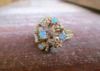Antique 14 Kt Yellow Gold 0.  20 Ctw Diamond & Opal Cluster Ring Size 5.  25