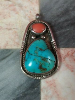 Vintage Navajo Sterling Silver Turquoise & Coral Stone Pendant