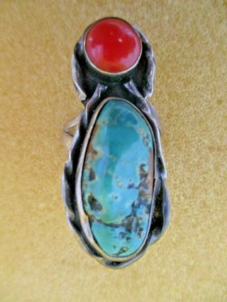Vintage Native American Navajo Sterling Silver Natural Turquoise And Coral Ring