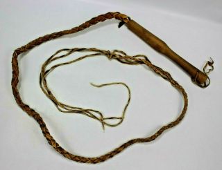 Vintage Western Cowboy Bull Whip Brown Braided Leather Wood Handle 6 Feet Approx