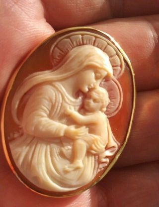 Antique 14k Gold Virgin Mary & Baby Jesus Shell Carved Cameo Brooch/ Pendant Big