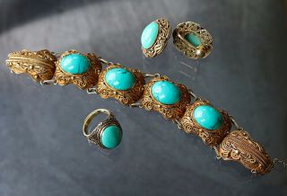 Antique Chinese Export Sterling Silver And Turquoise Filigree Jewelry Set