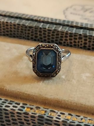 Vintage Art Deco Sterling Silver Blue Sapphire And Marcasite Ring
