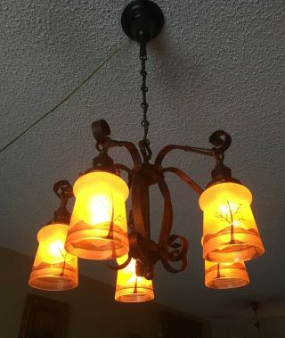 Antique Arts And Crafts 5 Light Chandelier – Hand Painted Shades