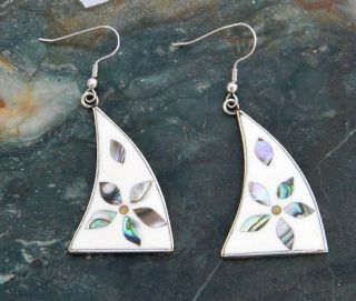 Mexican Earrings Alpaca Silver Abalone Vintage Dangle White Enamel Inlaid A09