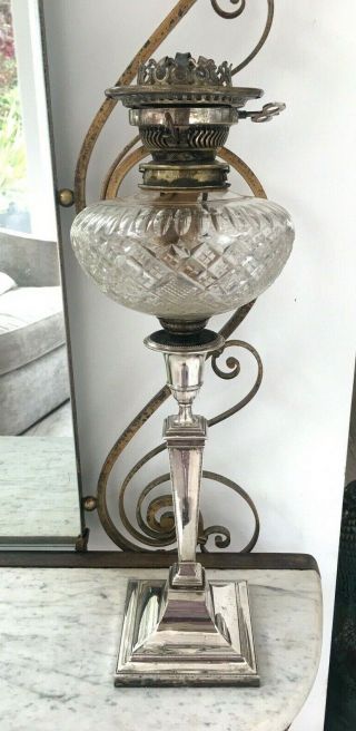 Antique Silver Plate Oil Lamp With Cut Glass Font And Messenger Burner