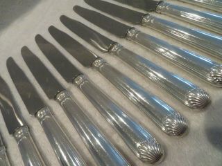 Early 20th C Sterling Silver Handles 12 Dinner Knives Henin Shells,