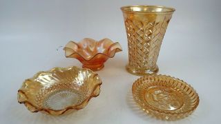 Vintage Assorted Orange Carnival Glass 3 Candy Dishes & A Vase -